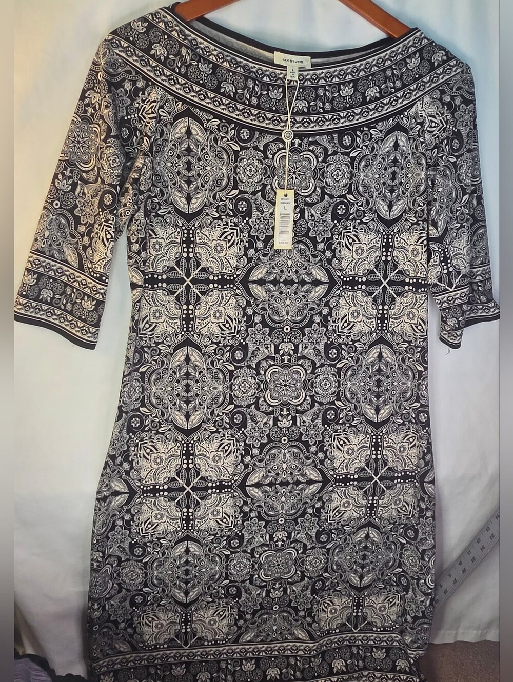 Max Studio Women's Sz L Floral Black Cream Boat Neck 3/4 Sleeve Shift Dress NWT